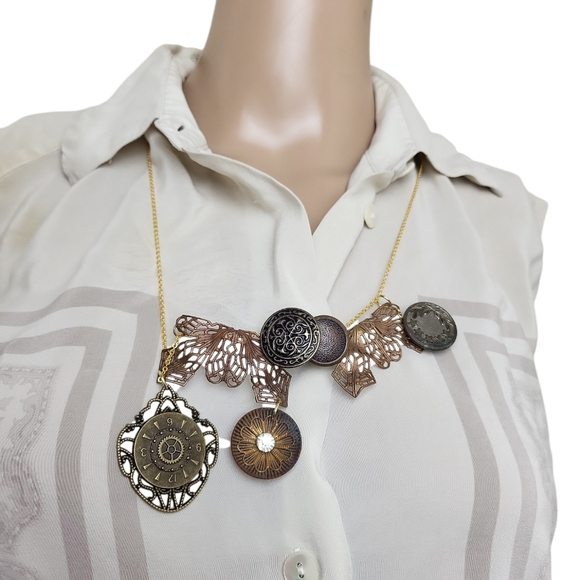 Vintage Gold Plated Bronze Steampunk Clocks Clear Crystal Button Necklace - Picture 1 of 4
